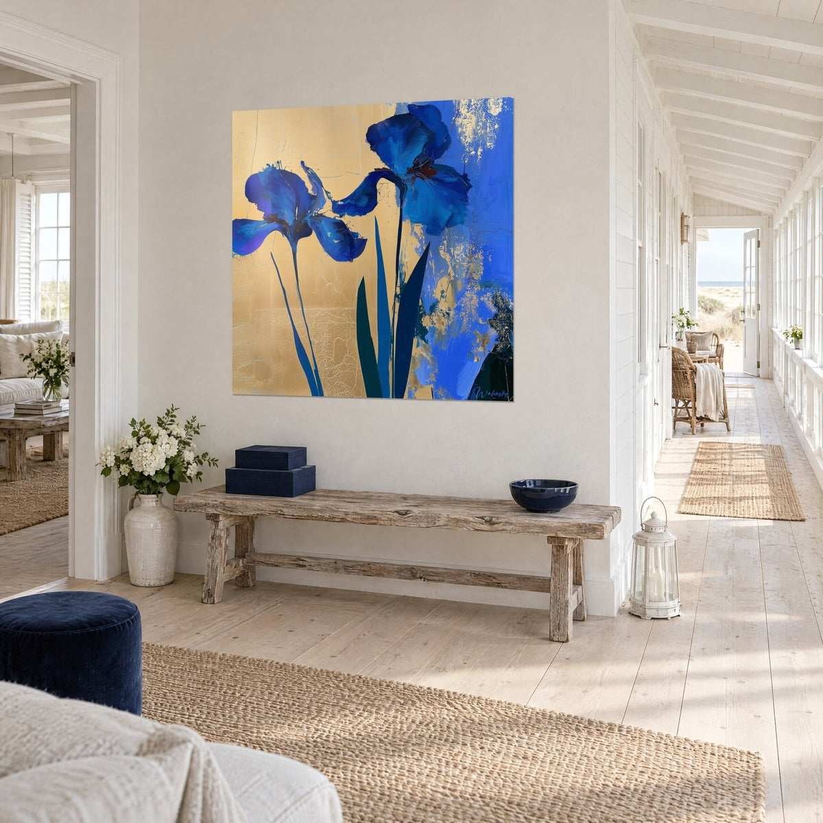 Wall art cobalt iris flowers on slender stems, cracked gold background with azure highlights, hung at the end of a hallway opening onto the sea