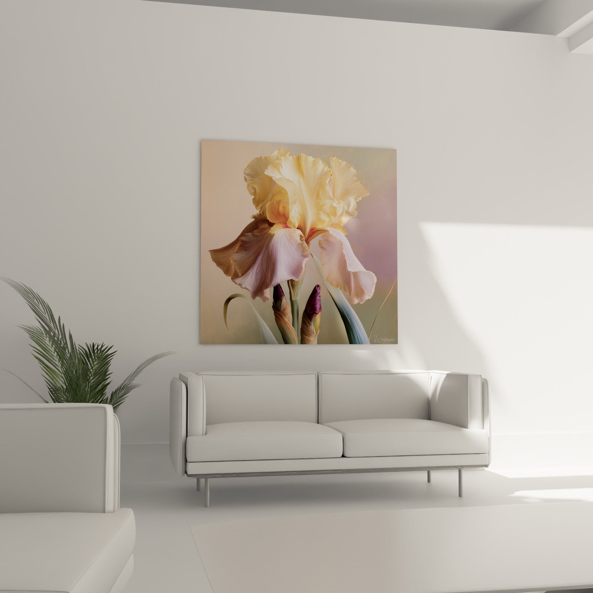 Pétales d'iris mauve et doré composés au-dessus d'un canapé dans un salon lumineux
