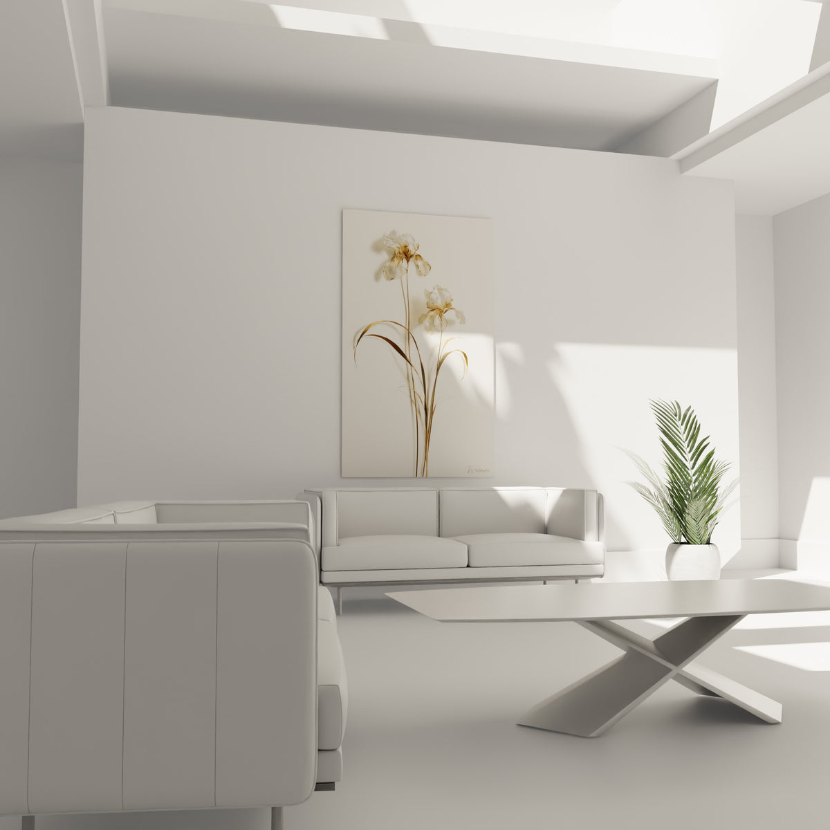 Deux iris beige et or aux pétales soyeux, au-dessus d'un canapé dans un salon lumineux