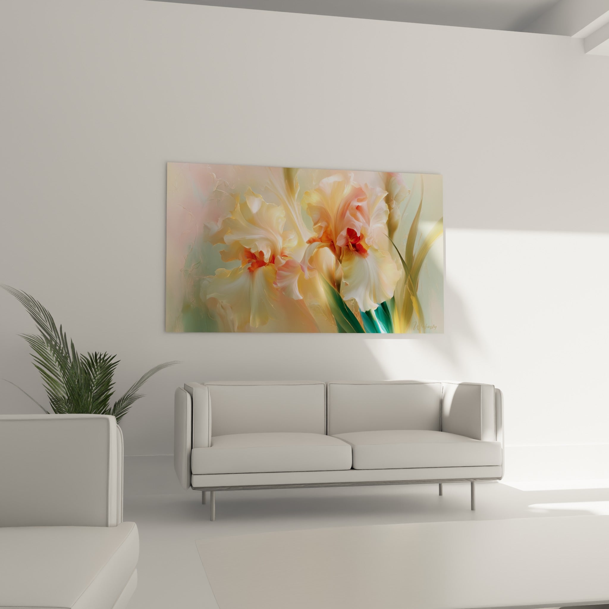 Pétales d'iris crème et vert émeraude en volutes délicates, au-dessus d'un canapé dans un salon lumineux