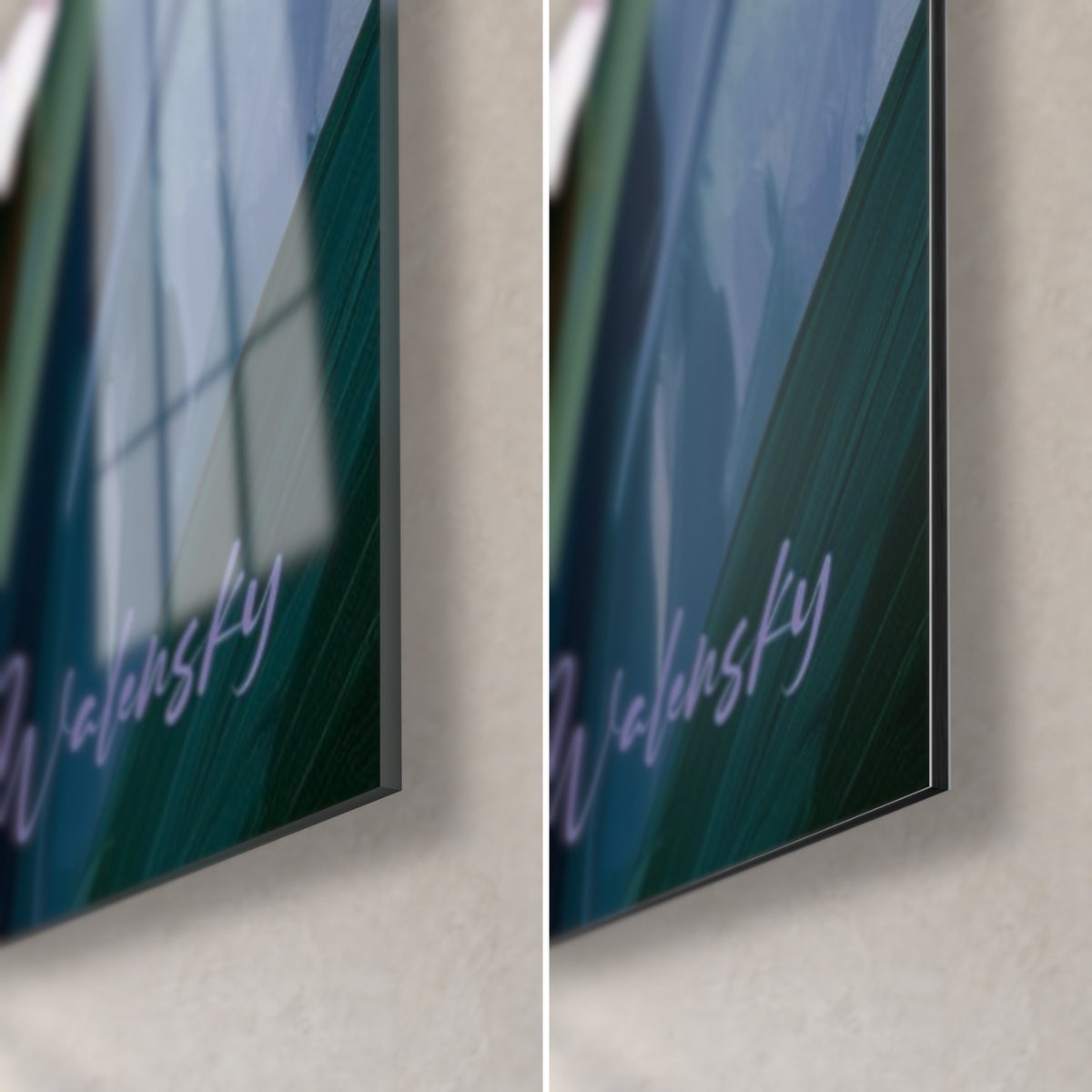 Wall art with a violet iris, bottom right corner: glossy acrylic glass on the left, matte brushed Dibond aluminum on the right, 3 mm edge and Walensky signature