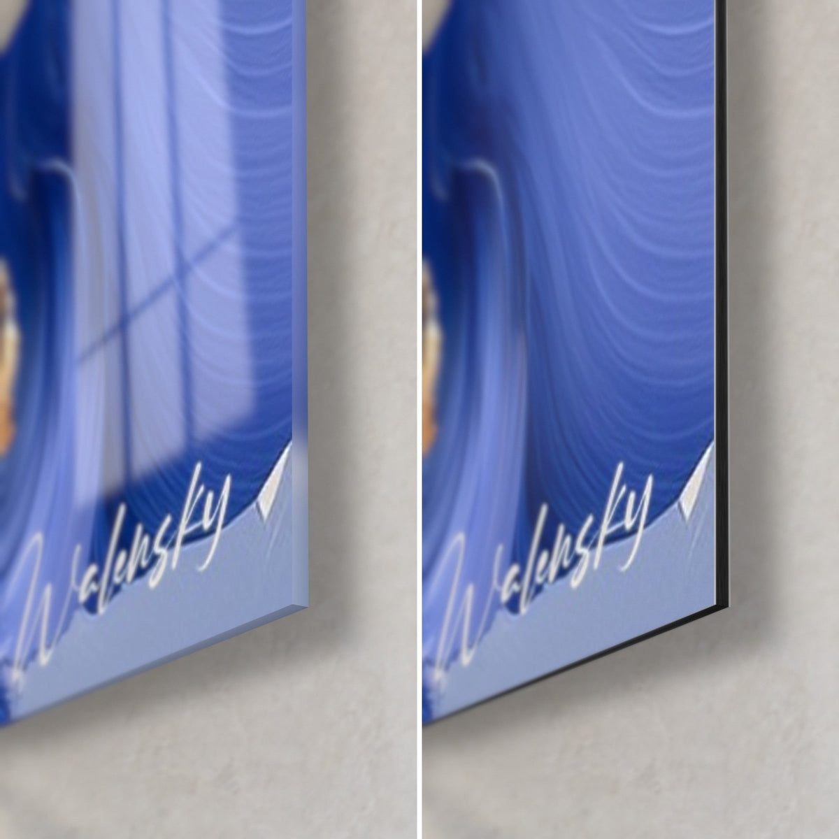 Wall art of a royal blue iris, bottom right corner: glossy acrylic glass on the left, matte Dibond aluminium on the right, 3 mm edge and white signature