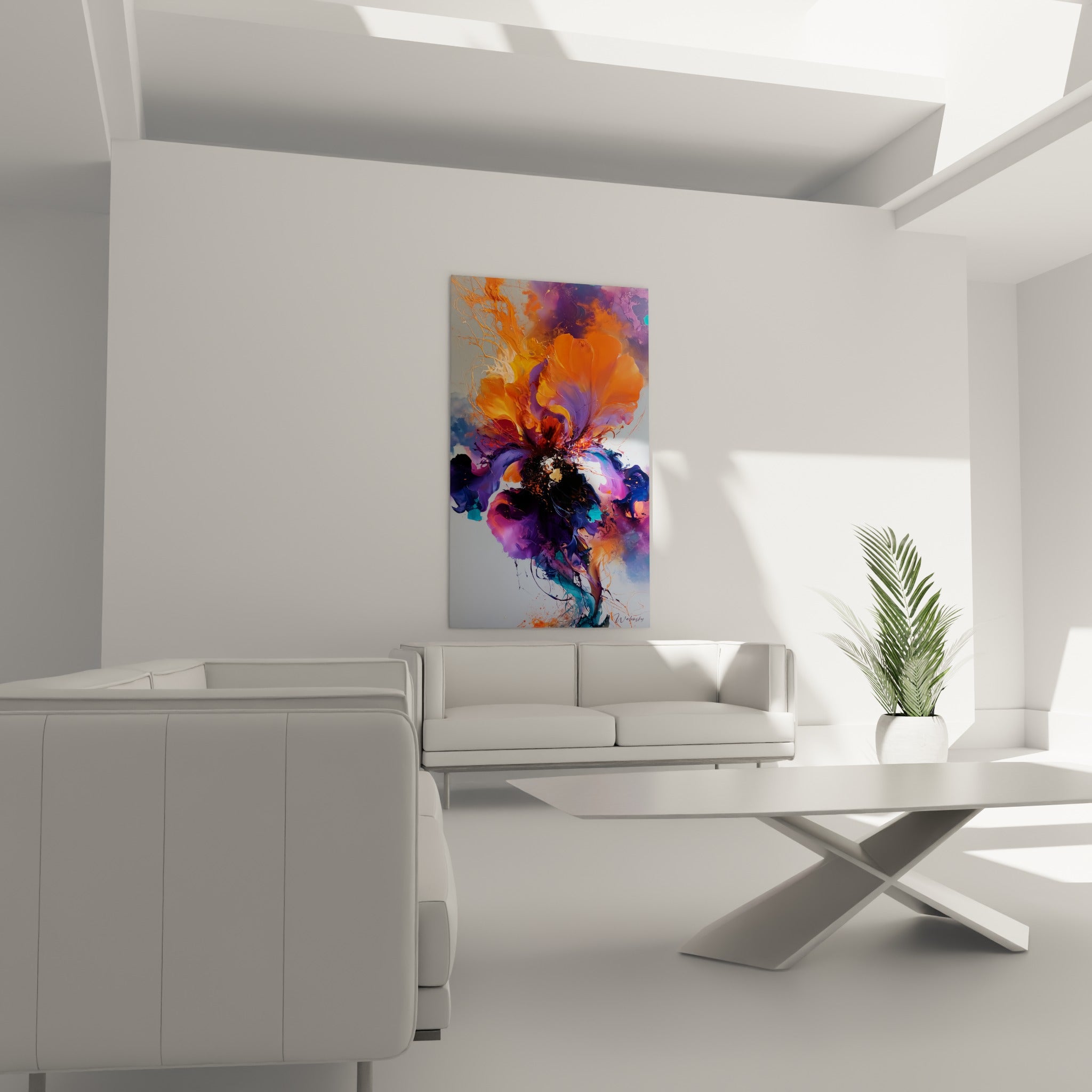 Pétales Iris violets et orangés accrochés au-dessus d'un canapé dans un salon lumineux