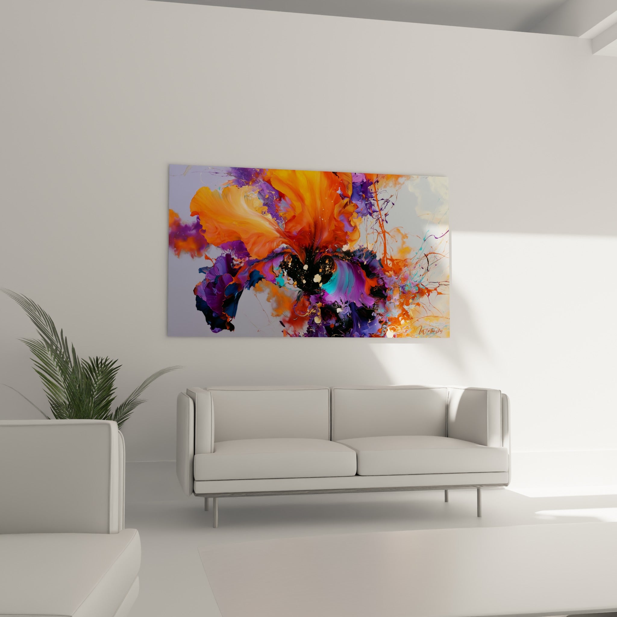Pétales d'iris violet et orange en mouvement, suspendus au-dessus d'un canapé dans un salon lumineux