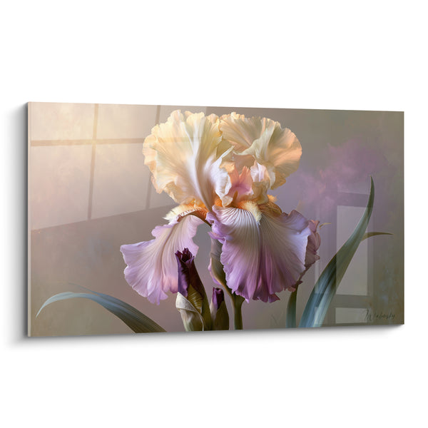Tableau Iris crème et mauve aux pétales soyeux - Lumière du matin - Edition Iris