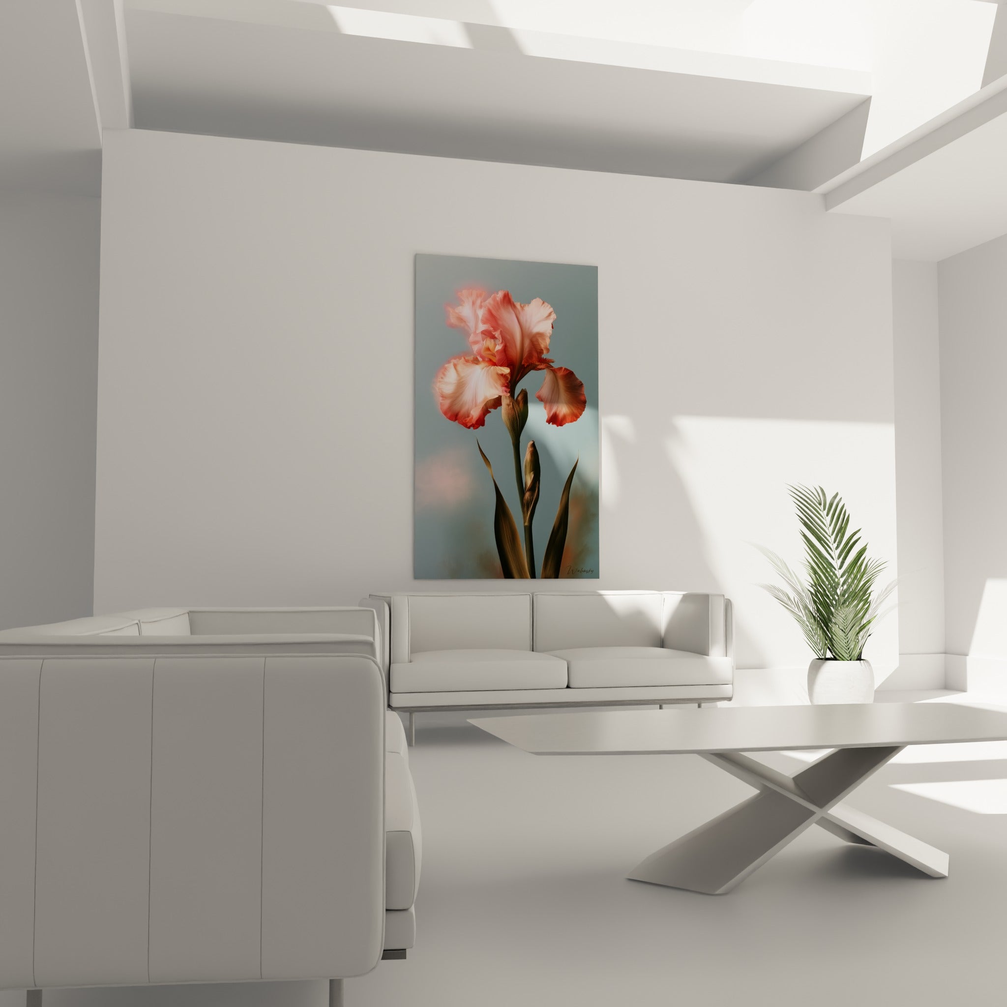 Iris aux tons rosés et olive orne le mur au-dessus d'un canapé dans un salon lumineux