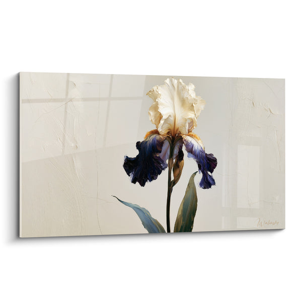 Tableau Iris ivoire et bleu marine sur fond quadrillé - Pétales retombants solitaires - Edition Iris