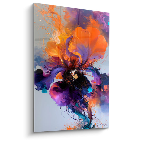 Tableau Iris orange et violet aux éclaboussures turquoise - Explosion picturale abstraite - Edition Iris