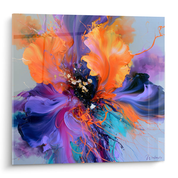 Tableau Fleur violette et orange aux éclaboussures dorées - Éclosion fulgurante - Edition Iris