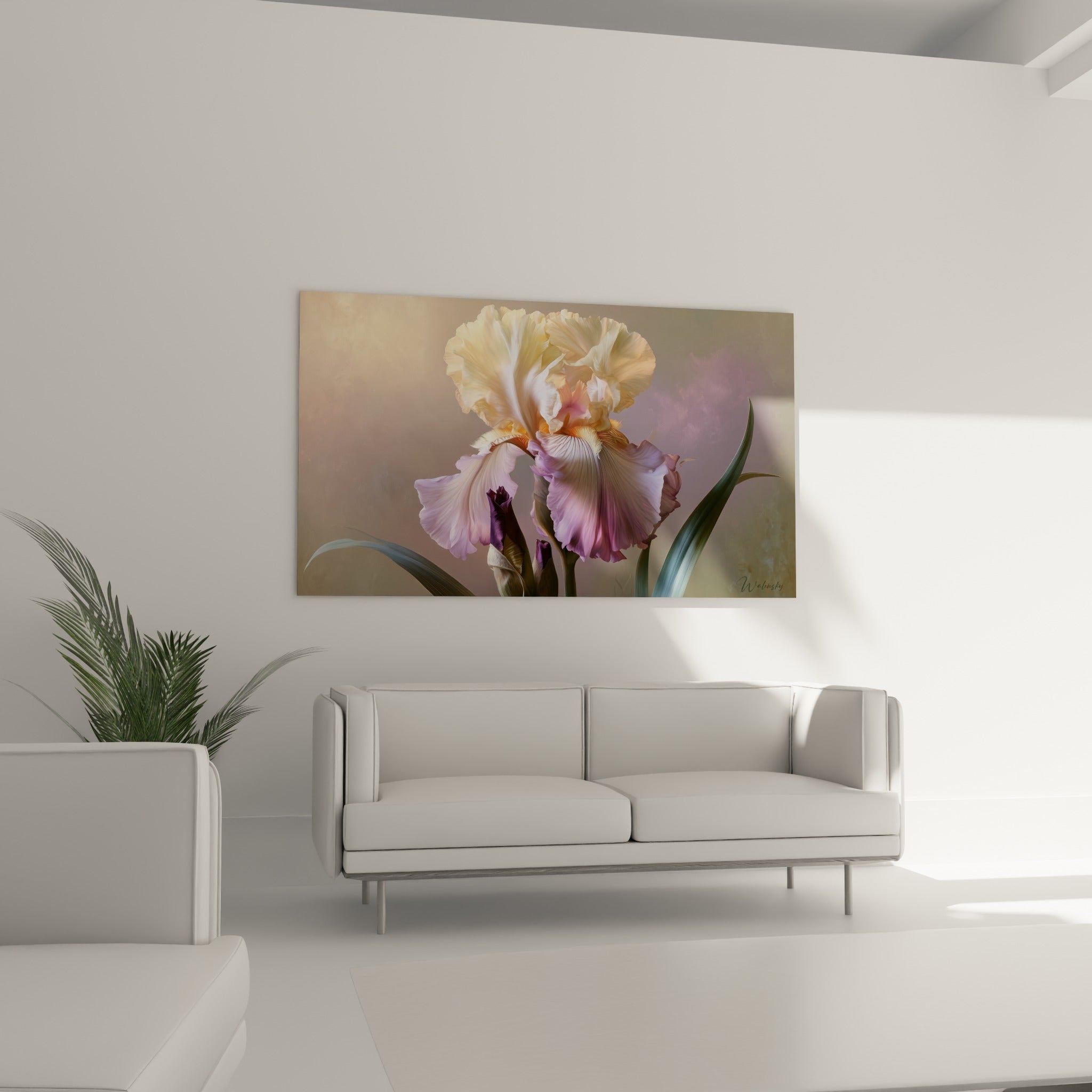 Pétales d'iris mauve et doré aux courbes délicates, installés au-dessus d'un canapé dans un salon lumineux
