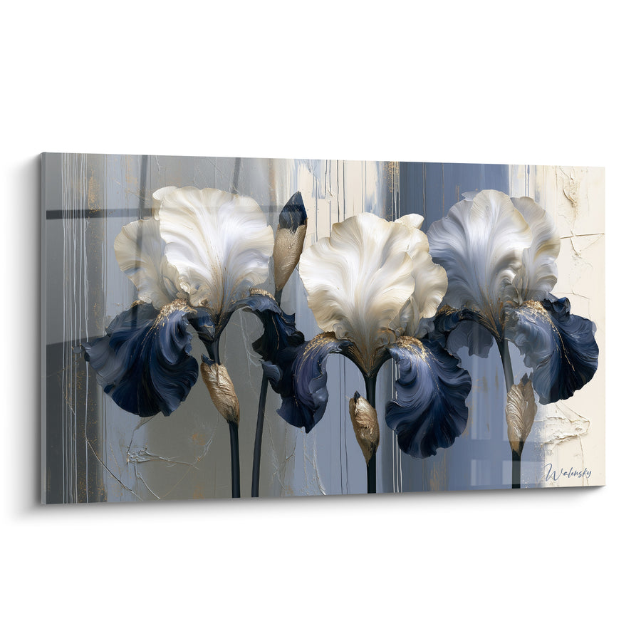 Tableau Iris blancs et bleu marine sur fond craquelé - Trio de fleurs dorées - Edition Iris