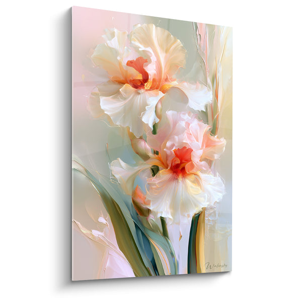 Tableau Iris blanc et corail aux barbes orangées - Pétales en cascade - Edition Iris