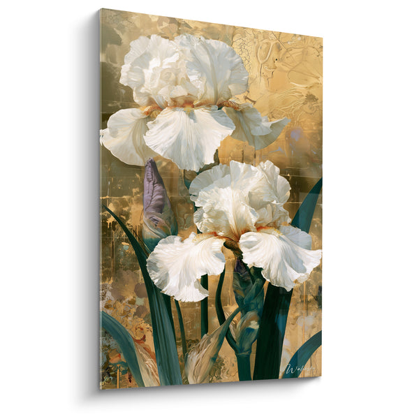 Tableau Iris blancs et fond doré aux motifs gravés - Bourgeon violet replié - Edition Iris