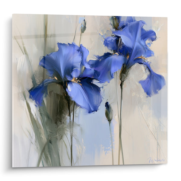 Tableau Iris bleu cobalt et beige aux tiges graciles - Boutons en attente - Edition Iris