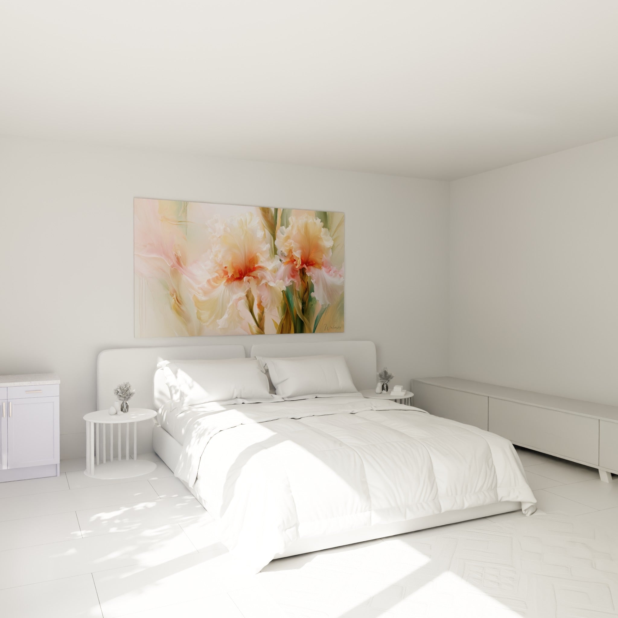 Deux fleurs d'iris crème et rose vaporeuses, suspendues au-dessus d'un lit dans une chambre claire