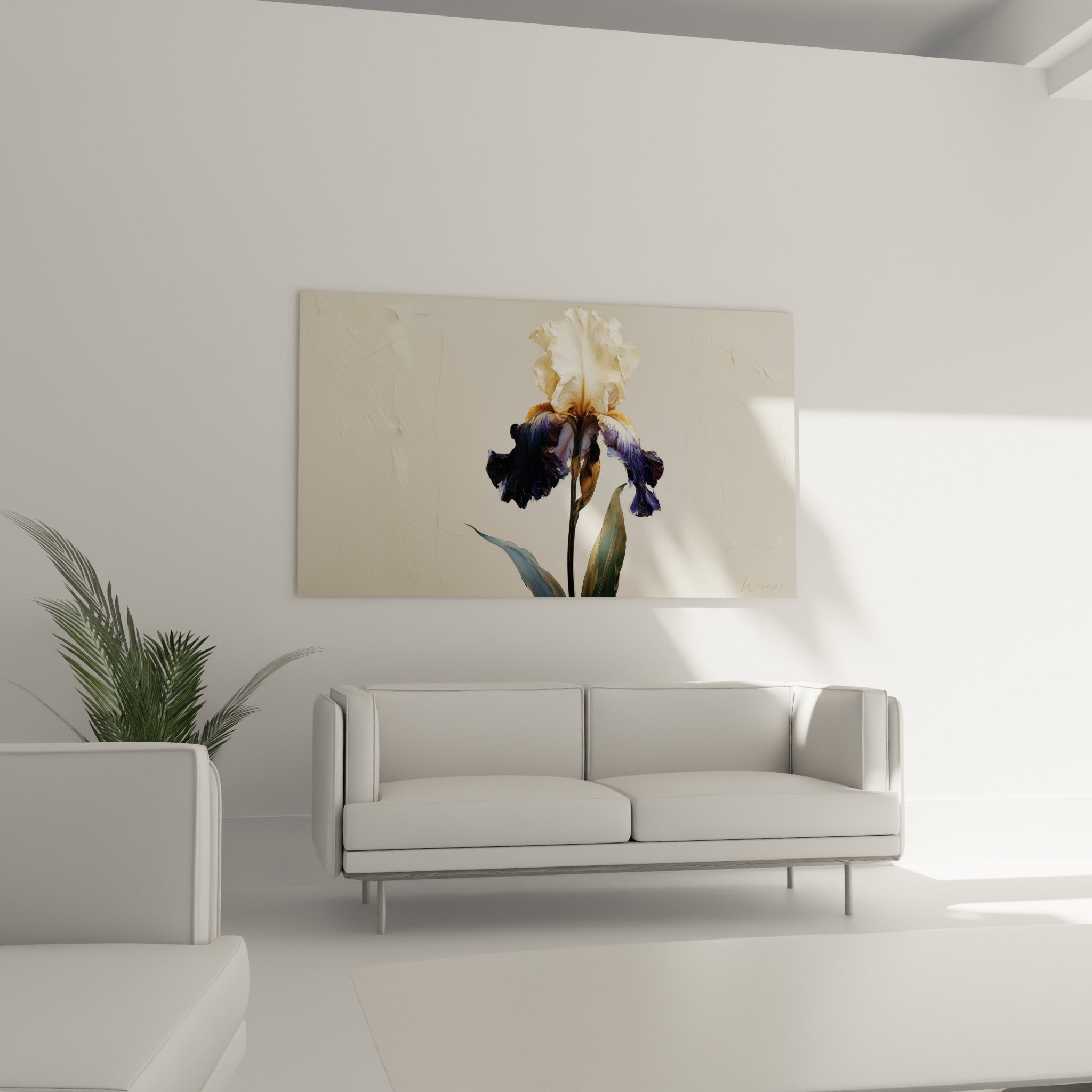 Pétales d'iris ivoire et violet profond au-dessus d'un canapé dans un salon lumineux