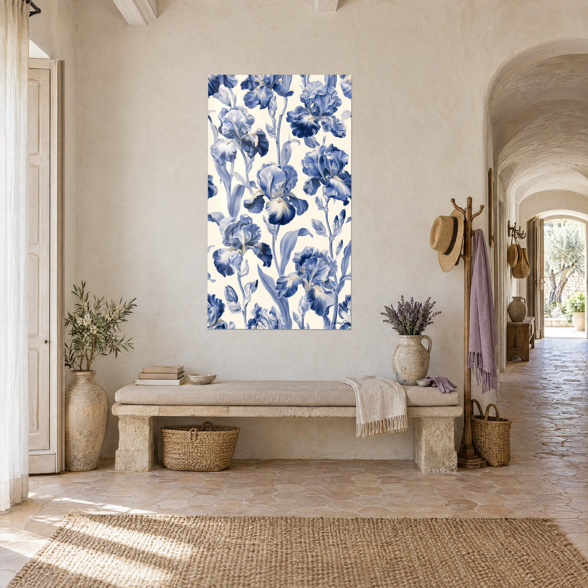 Wall art of a dense bouquet of navy irises with ivory hearts on a cream background, seen three-quarter view in the entrance of a Provençal farmhouse