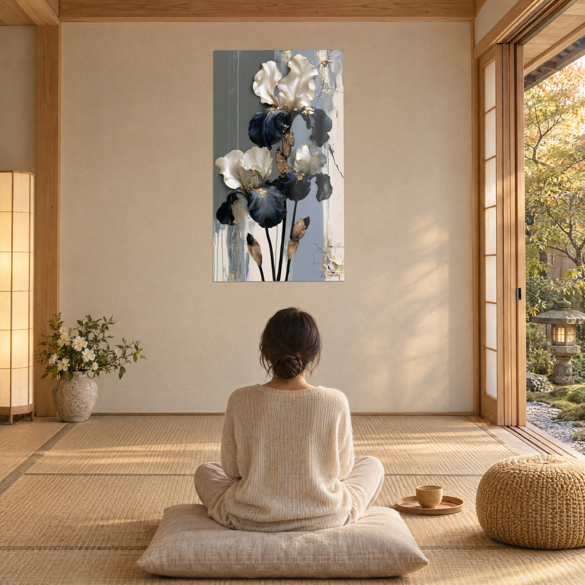 Cuadro iris blancos y marino con capullos cobrizos, fondo gris y beige, mujer de espaldas sentada en un cojín en una estancia japandi