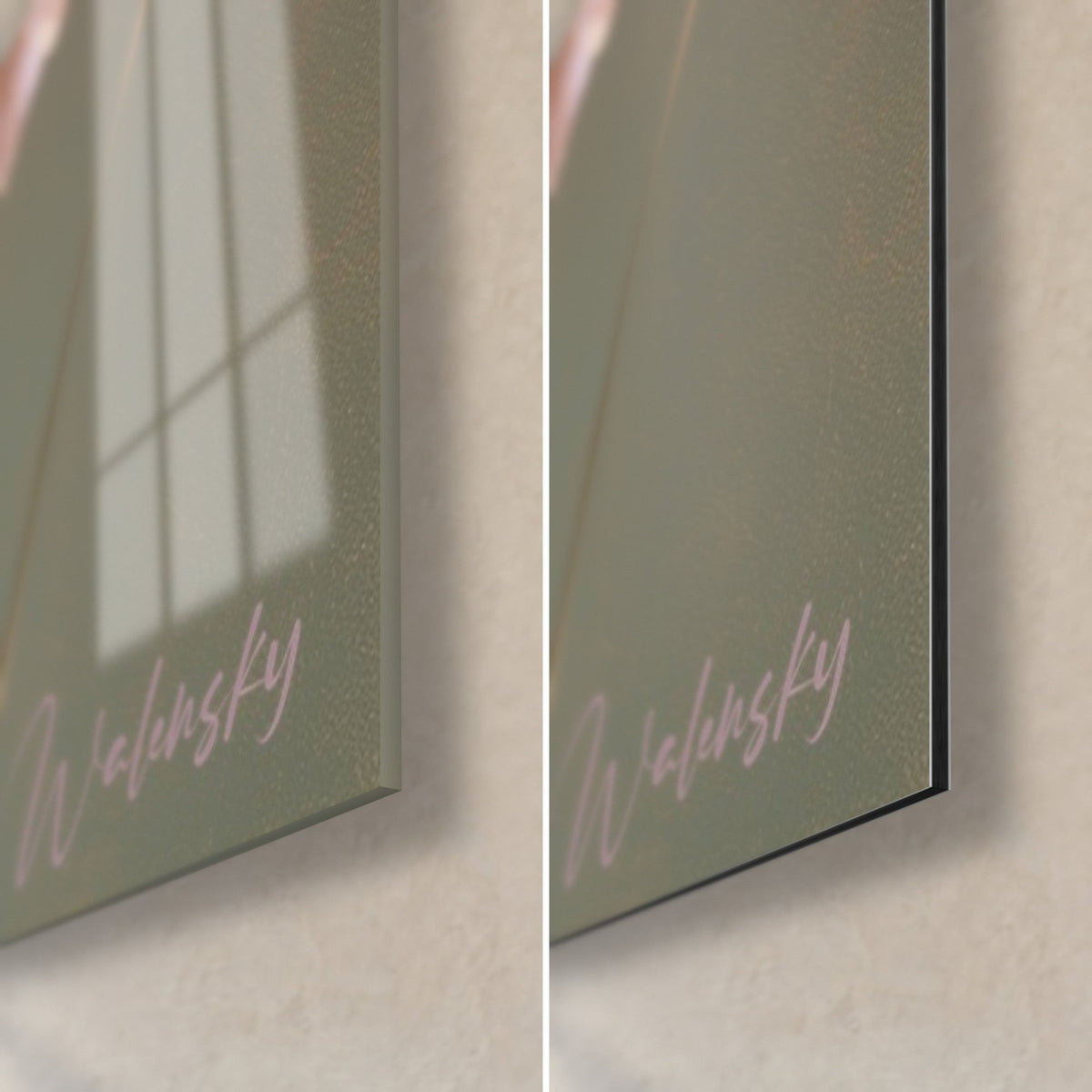 Wall art pale iris in cream and pink tones, bottom right corner: glossy acrylic glass on the left, matte Dibond aluminium on the right