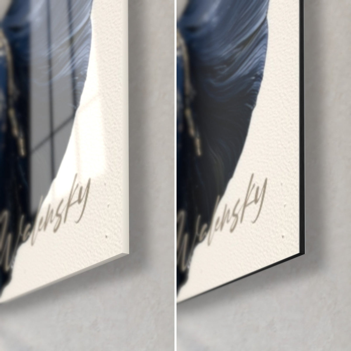 Quadro con iris bianchi e un petalo blu notte, angolo in basso a destra in vetro lucido riflettente e Dibond opaco beige, bordo di 3 mm visibile