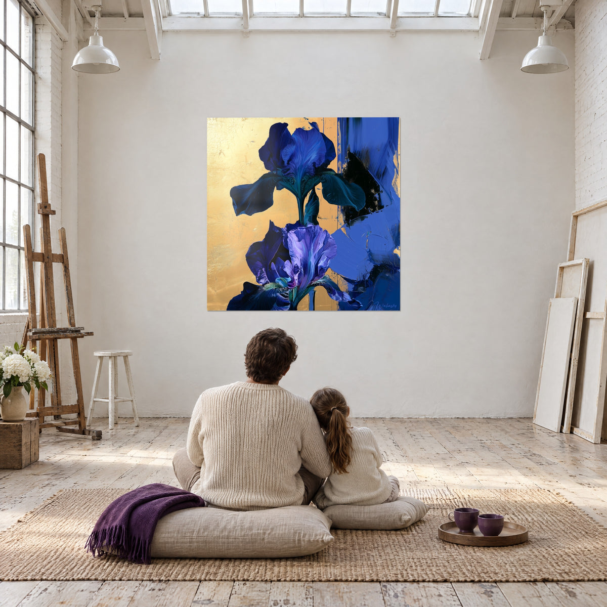 Wall art bouquet of purple and fir green irises on antique gold, facing a seated adult and a child seen from behind in the studio
