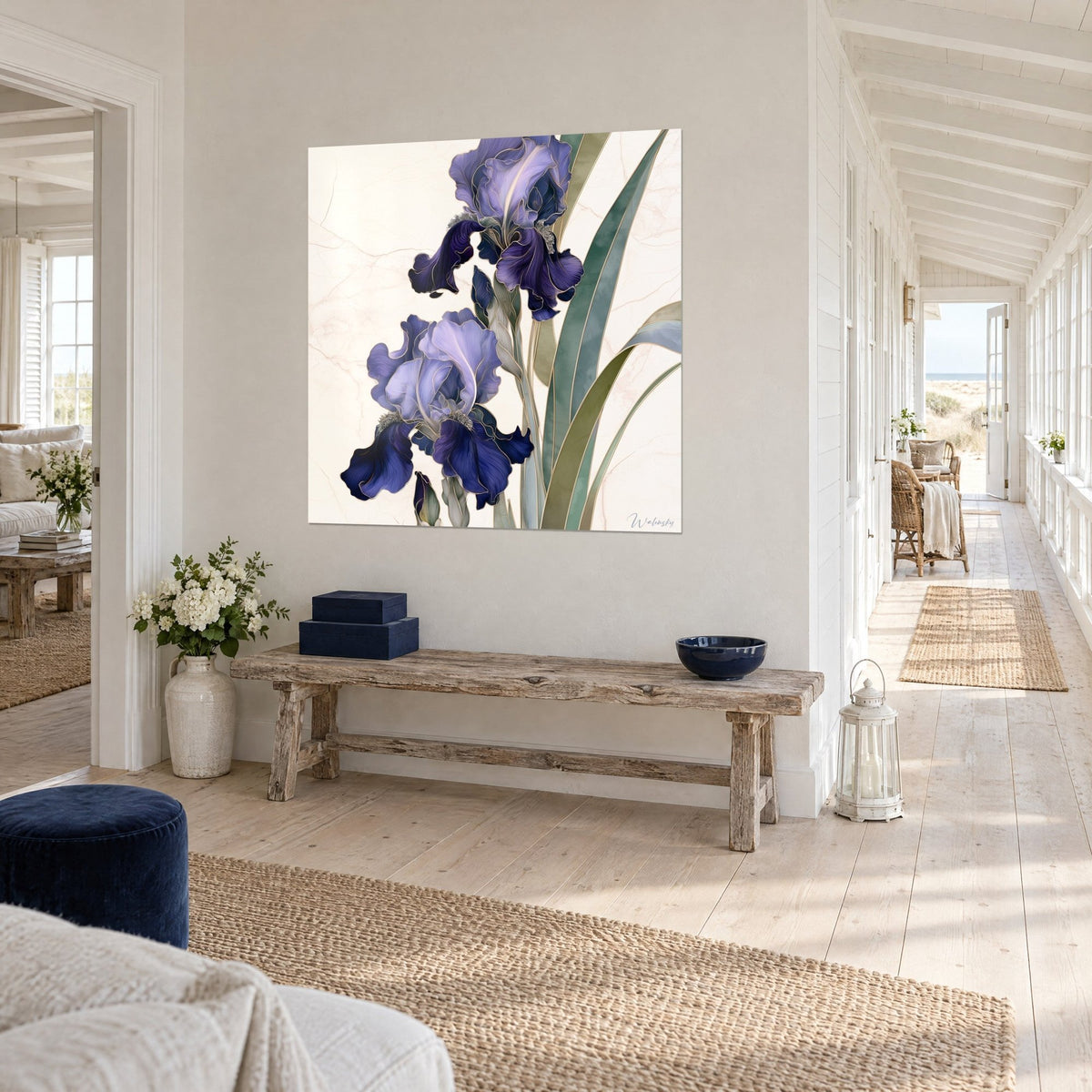 Wall art midnight blue and lilac iris flowers on a cream marbled background, long olive green stems, view down a seaside hallway