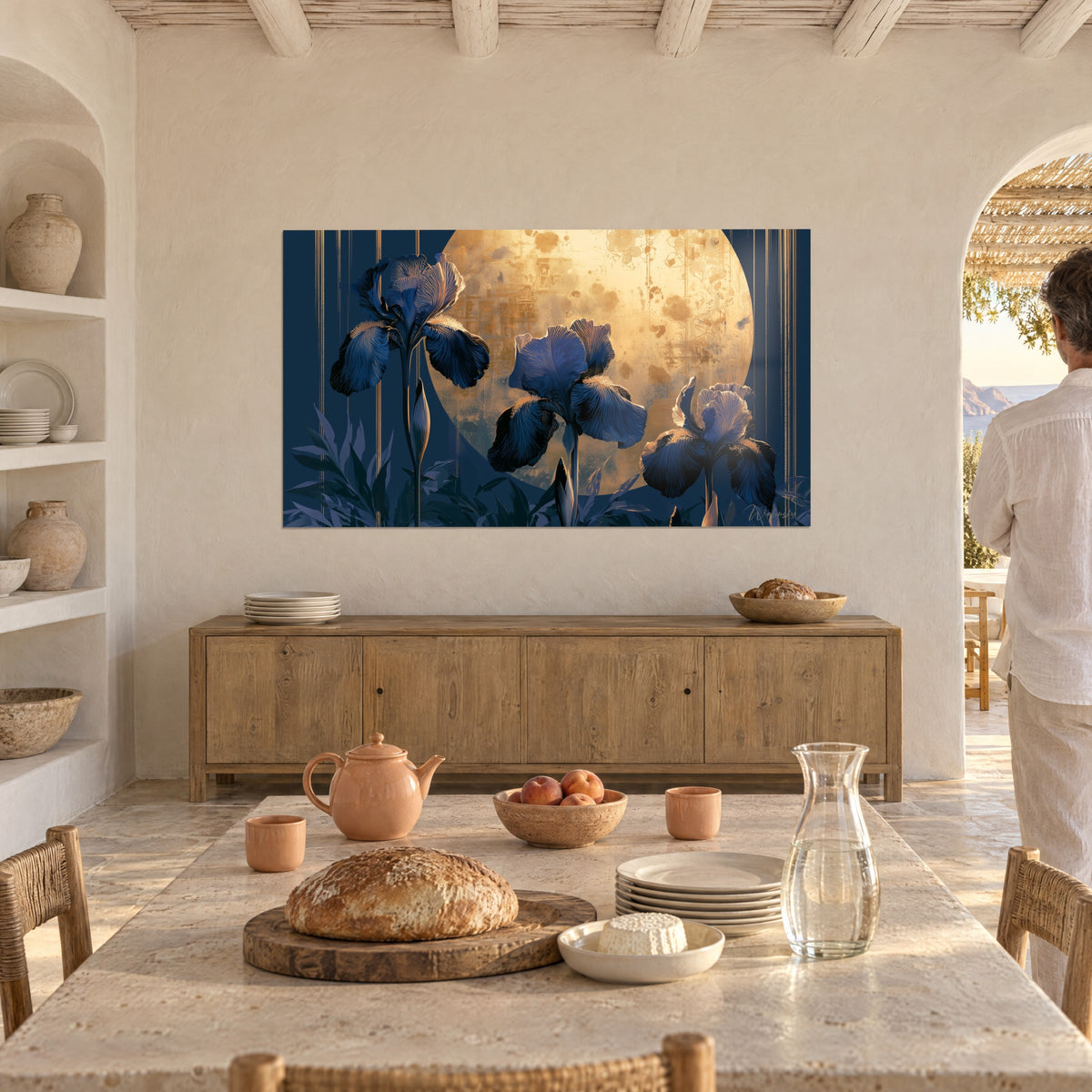 Wall art of a bouquet of dark irises with pleated petals, honey and gold moon halo on a navy background, vaulted dining room, silhouette in the distance