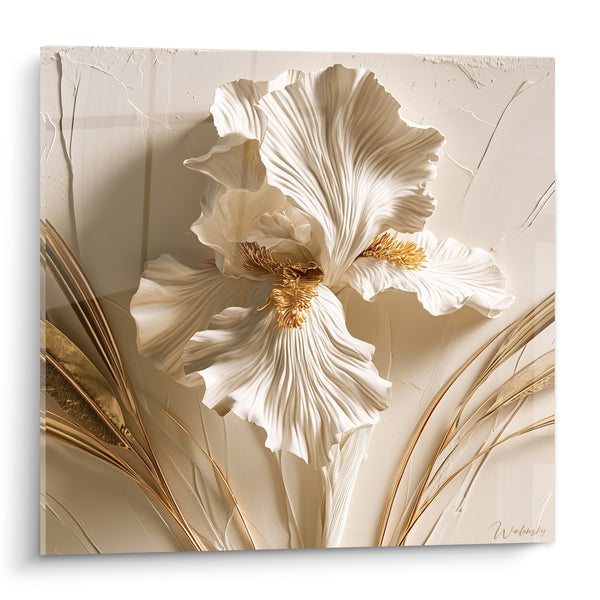 Tableau Fleur ivoire aux nervures dorées sculptées - Éveil délicat - Edition Iris