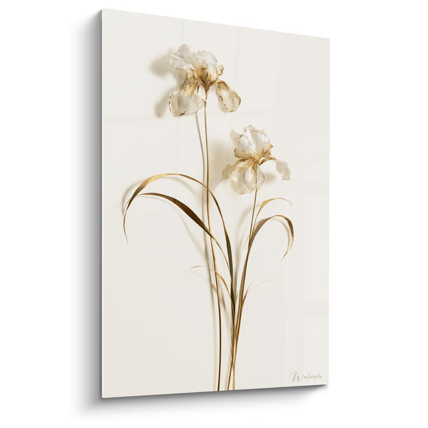 Iris-Triptychon in Elfenbein und Gold mit gebogenen Blättern - Minimalistisches florales Duo - Iris-Edition