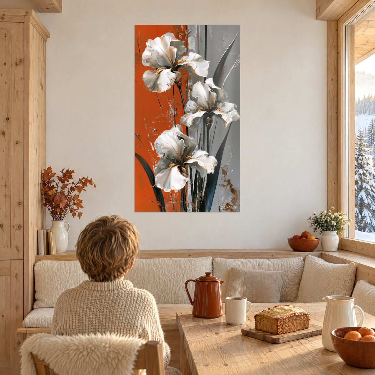 Quadro bouquet di tre iris bianchi dipinti in modo cremoso, sfondo arancio e grigio, bambino di spalle davanti a un tavolo da chalet