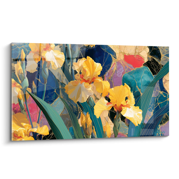 Tableau Iris jaunes sur mosaïque bleue et dorée - Éclat d'un jardin précieux - Edition Iris