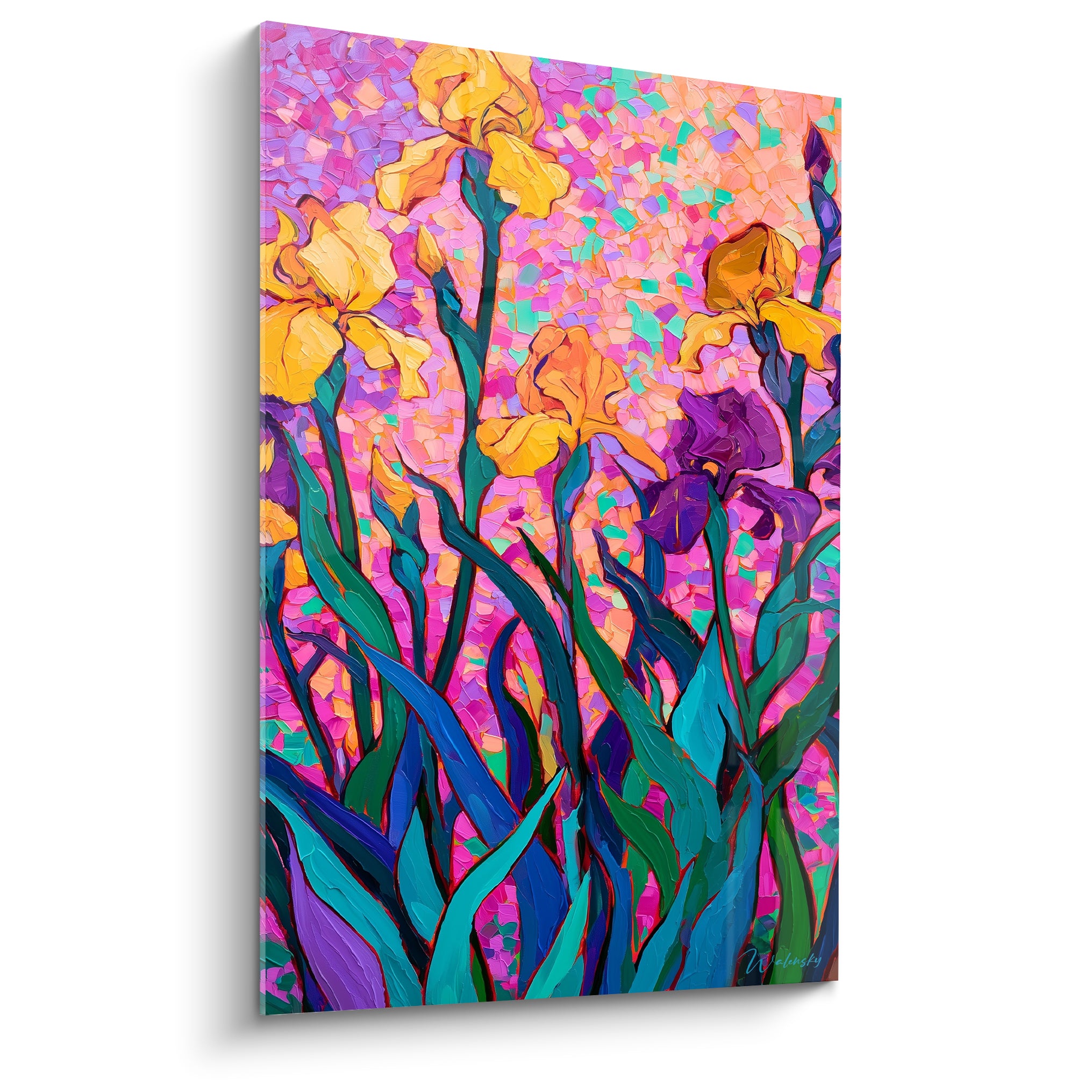 Iris jaunes et violets aux tiges turquoise sur fond rose mosaïqué, peinture épaisse au couteau