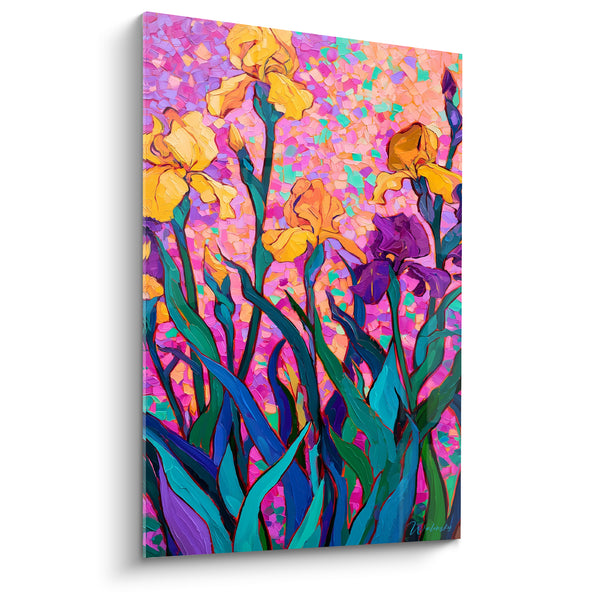 Tableau Iris jaunes et mauves sur fond mosaïque rose - Feuillage turquoise et bleu - Edition Iris