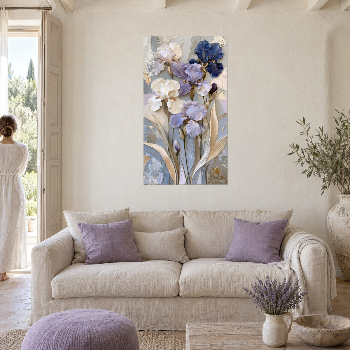 Wall art ivory and lavender iris with sculpted relief, cracked gold leaves, above a sofa in a bright living room