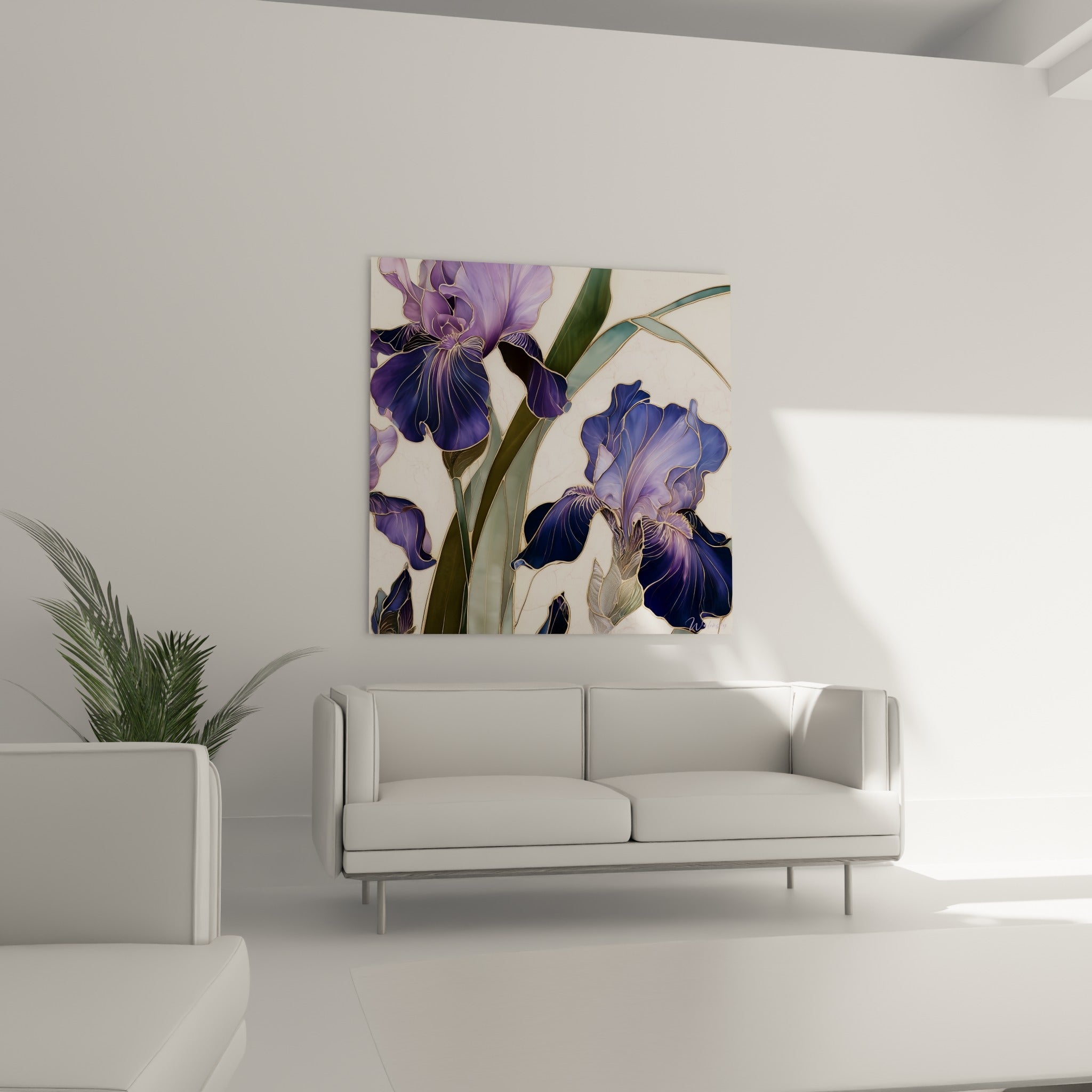 Pétales d'iris lilas et anthracite tracés d'or au-dessus d'un canapé dans un salon lumineux