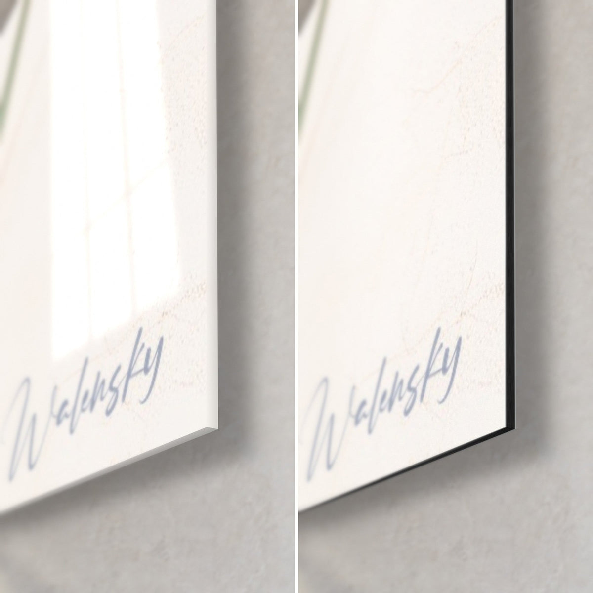 Wall art purple irises, bottom right corner in glossy acrylic glass on the left and matte black Dibond on the right, bluish Walensky signature