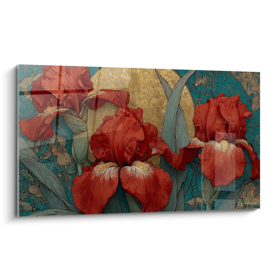 Walensky quadro murale arte art nouveau iris con grandi iris rossi dettagliati su sfondo blu verde e disco dorato