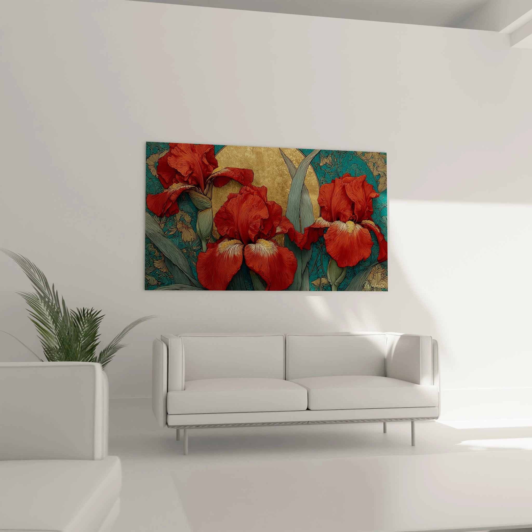 tableau art nouveau iris Walensky affiché au dessus d un canapé blanc avec iris rouges sur fond turquoise et or