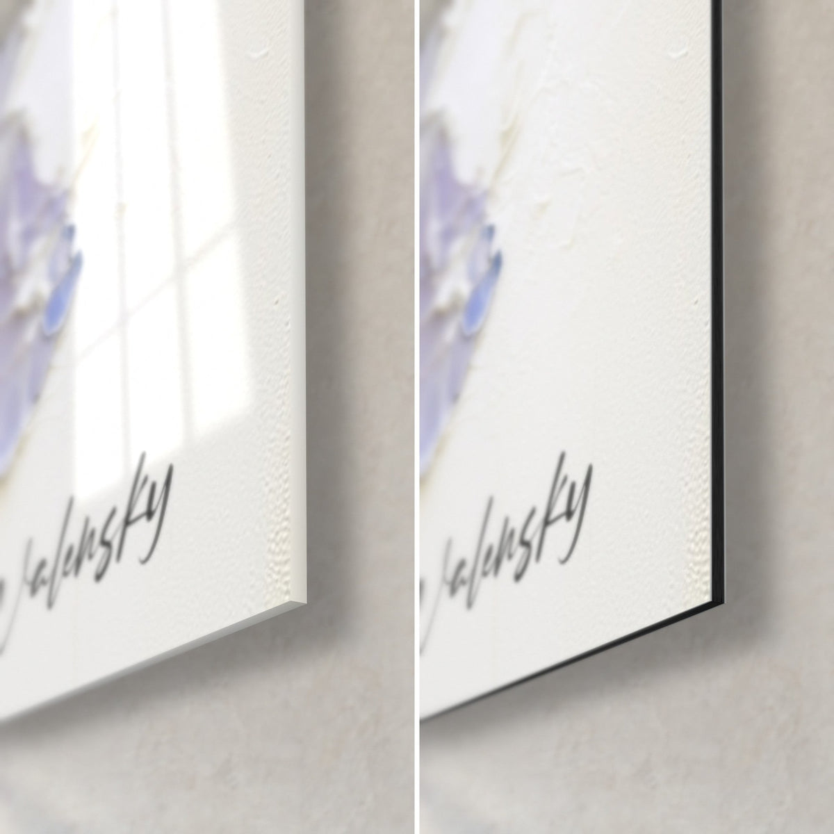 Wall art Pale mauve iris, bottom right corner in glossy acrylic glass on the left and matte black Dibond on the right, 3 mm edge visible
