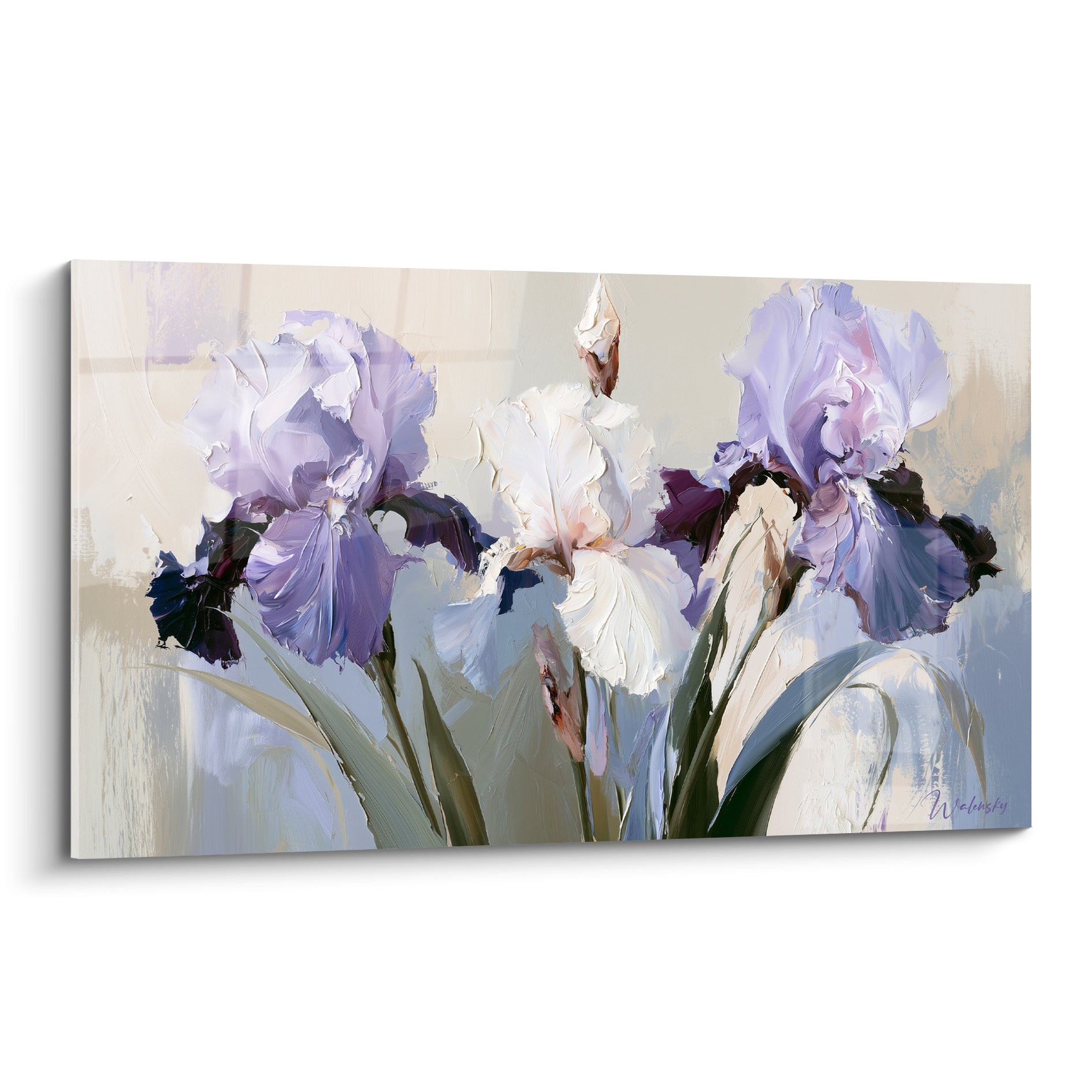 Iris mauves et blancs peints à l'huile, pétales texturés en camaïeu de lavande et violet profond