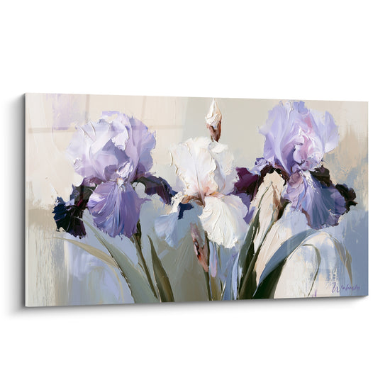 Iris mauves et blancs peints à l'huile, pétales texturés en camaïeu de lavande et violet profond