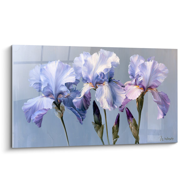 Tableau Iris mauve et gris à trois têtes ouvertes - Boutons pourpres serrés - Edition Iris