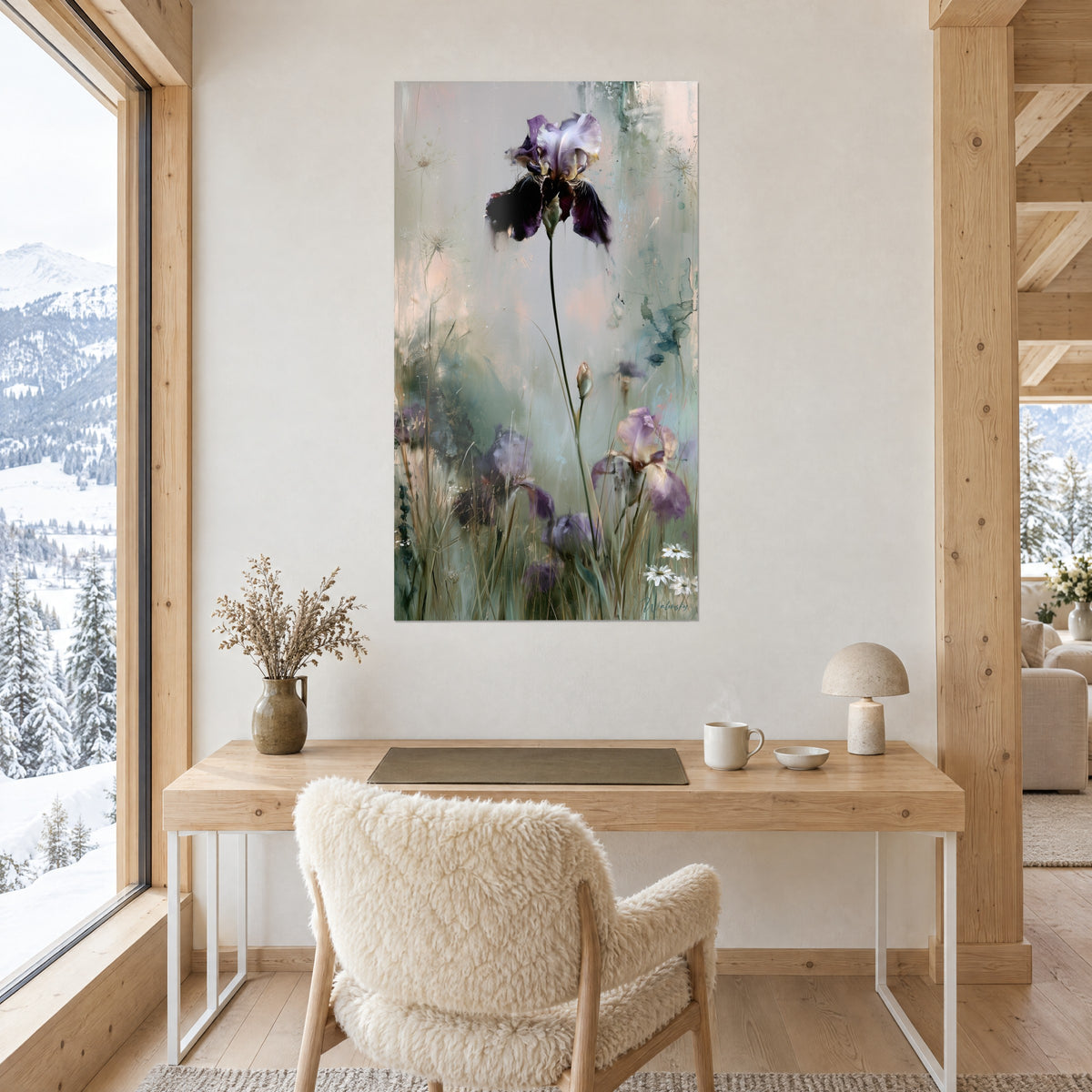 Cuadro iris oscuro que se alza entre gramíneas, toques azul glaciar y rosa pálido, en la pared de un despacho de madera rubia