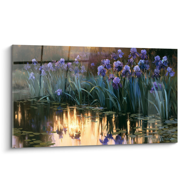 Tableau Iris mauves et dorés au bord d'un étang aux nénuphars - Reflets dans l'eau calme - Edition Iris