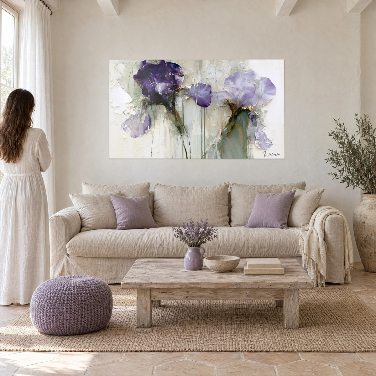 Wall art Deep violet iris with thick impasto petals on ivory background, green drips, woman seen from behind above a sofa in a bright living room