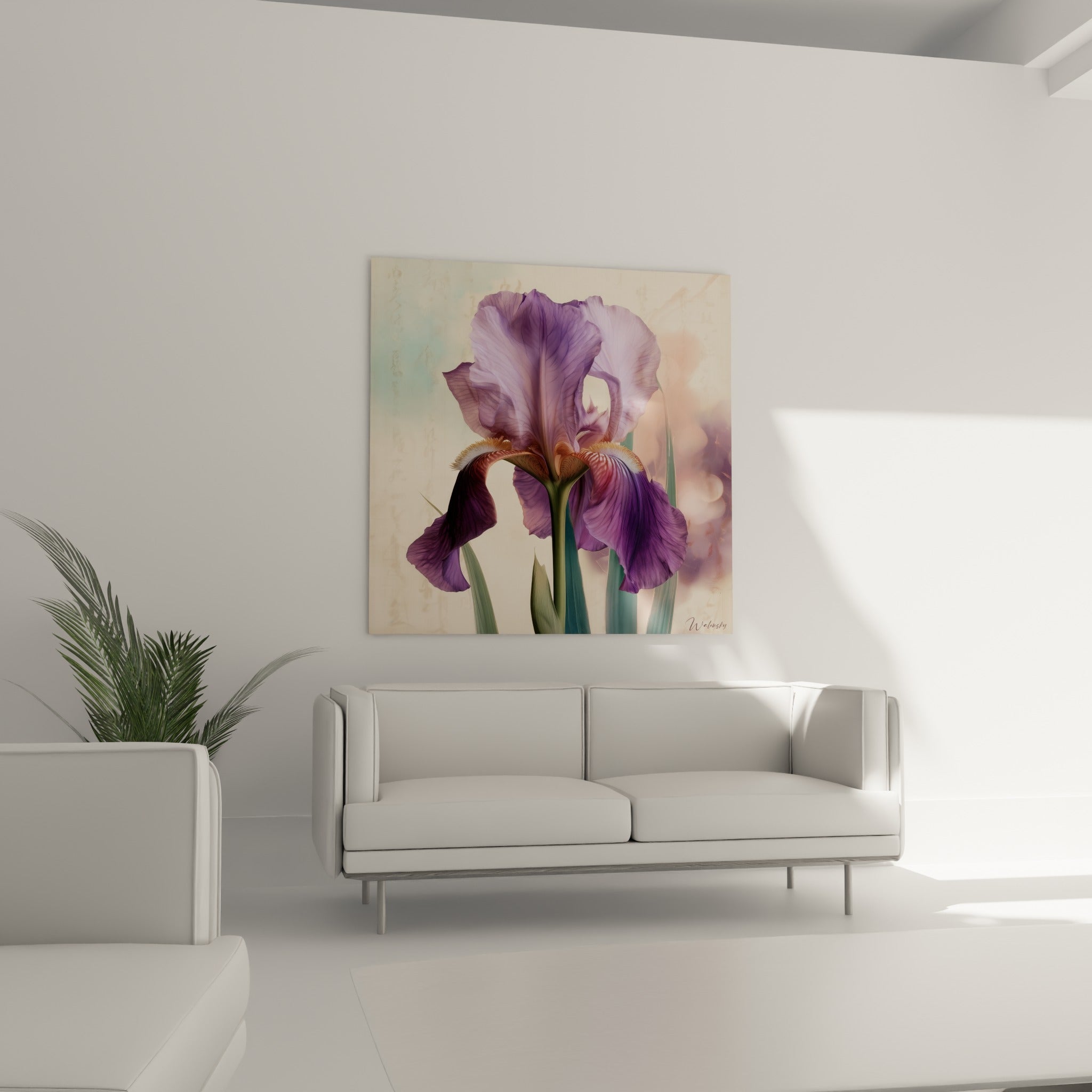 Pétales violets et mauves de l'iris accrochés au-dessus d'un canapé dans un salon lumineux