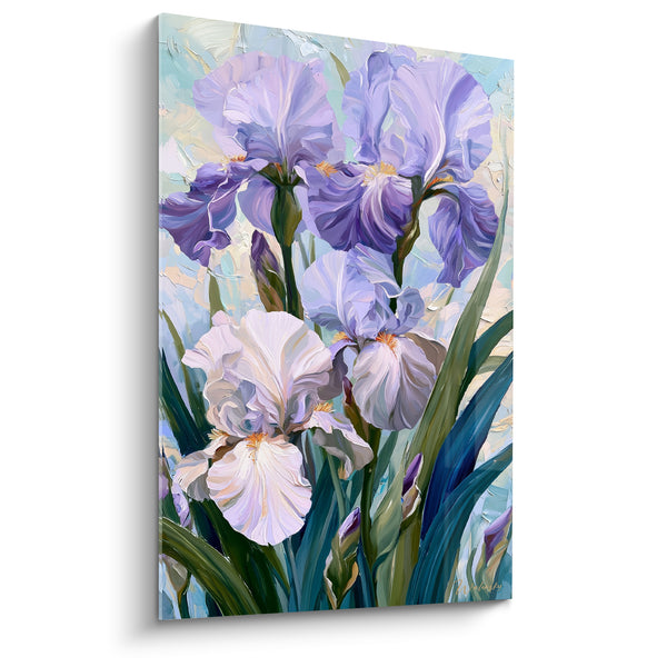 Tableau Iris mauves et blancs aux feuilles épaisses - Barbes orangées lumineuses - Edition Iris