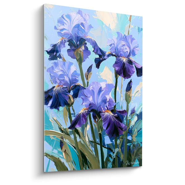 Tableau Iris mauve et bleu turquoise sur fond ciel - Bouquet dressé lumineux - Edition Iris