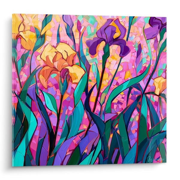 Tableau Iris jaunes et violets en mosaïque éclatée - Fond rose morcelé - Edition Iris