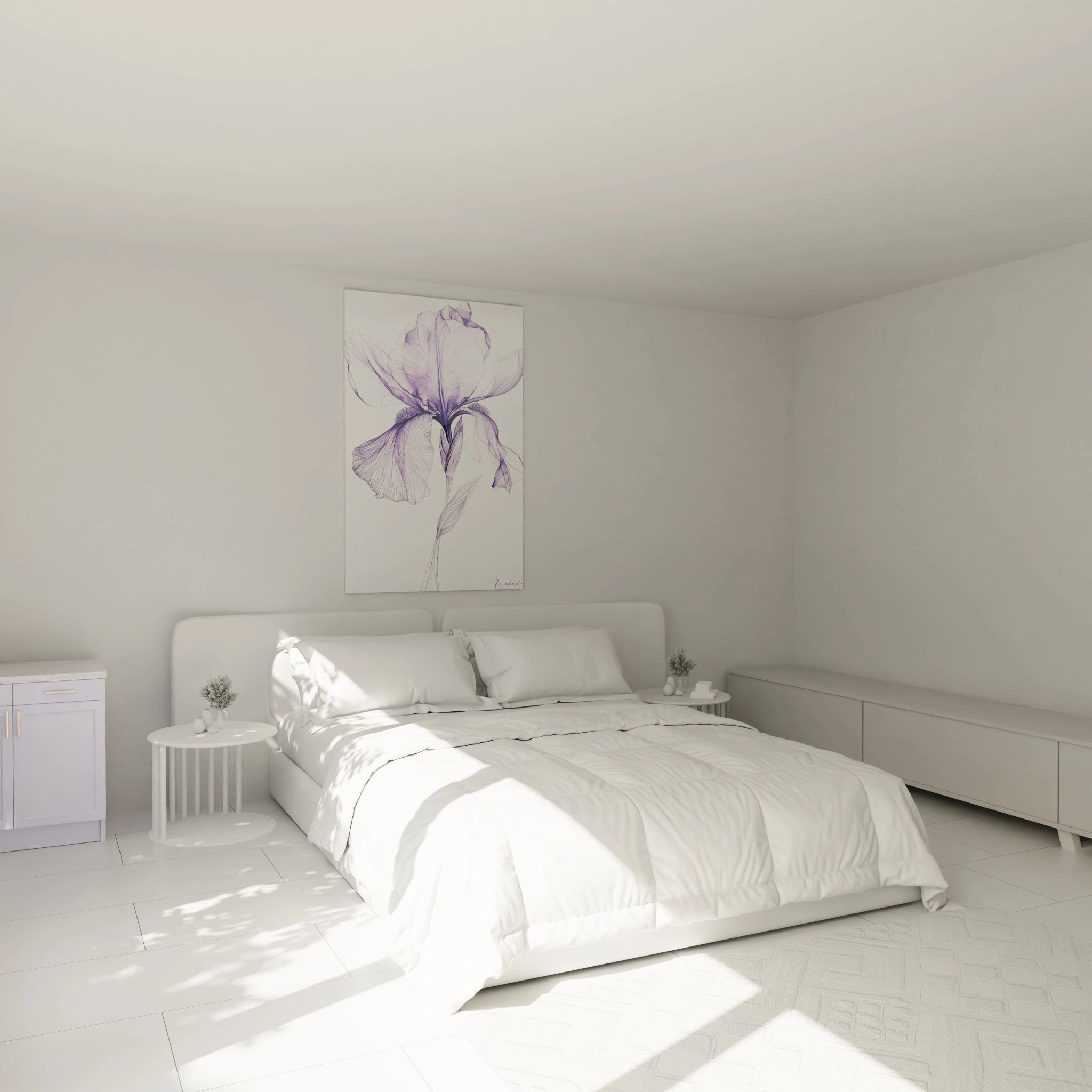 Un tableau iris nature montrant une fleur d’iris stylisée en tons de violet et argenté, avec des contours fluides et transparents, accentuant la texture veinée des pétales et la finesse de la tige.

